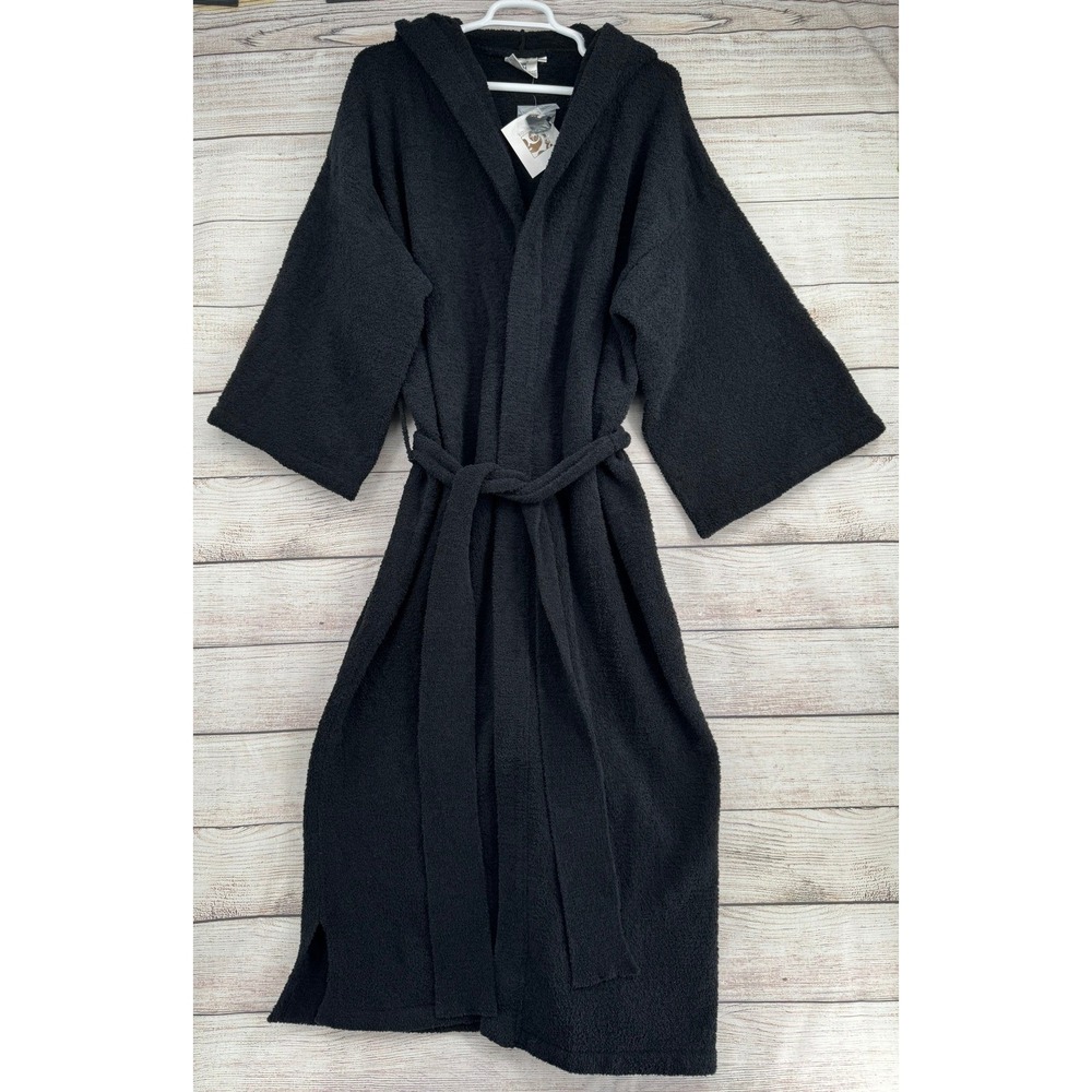 Kashwere Hooded Robe Unisex L/XL Black Plush Microfiber Belted Long Spa Robe